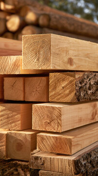 stack of freshly cut lumber and wooden beams showing detailed circular rings and textured bark in a sawmill timber yard representing construction industry and carpentry materials