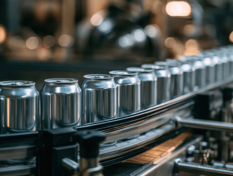 automated manufacturing line featuring shiny aluminum beverage cans moving along a high speed industrial conveyor belt in a modern production facility highlighting automated processes