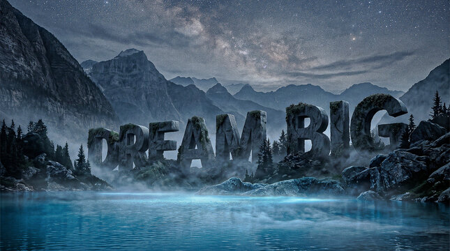 large bold typography reading dream big integrated into a misty night mountain landscape glowing blue waters starry sky cinematic lighting realistic nature photography highly detailed