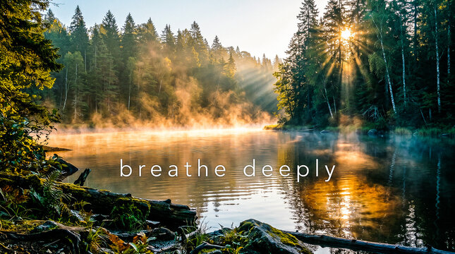 photo real peaceful forest lake surface mist rising early morning sunlight piercing through trees text overlay breathe deeply clean typography inspiring nature scene high detail
