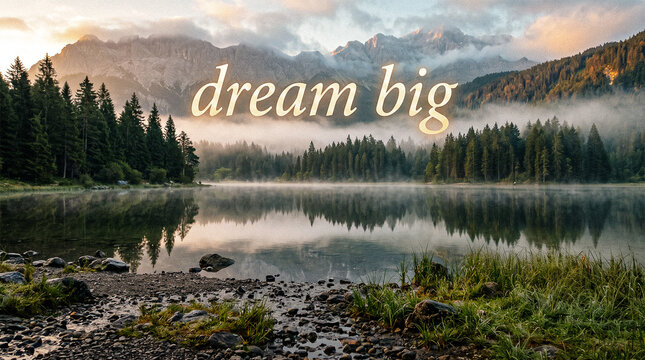 photo real tranquil alpine lake glassy water misty morning atmosphere dark green forest background text overlay dream big softly glowing typography inspiring landscape photography