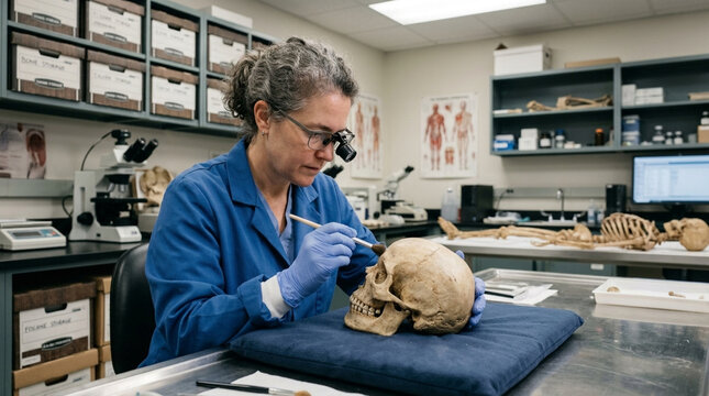 Forensic Anthropologist Examining Human Skull in Laboratory