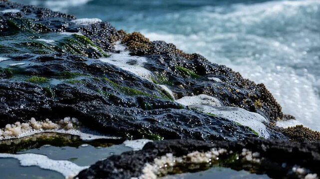 Surging swell pushing foam and water over barnacled algae-covered rocky shoreline