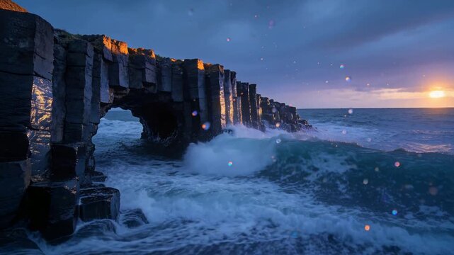 Surging swell sending crashing waves at standing columnar basalt, rocky shore, foam, sun