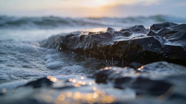 Surging swell pushing wave onto wet rock at shore, creating backlit splash droplets during tide