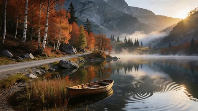 Floating empty wooden rowboat bobbing near reeds on shore, splash starting ripples and lifting mist