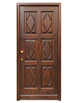 Dark brown solid wood front door isolated - Classic Italian design features symmetrical six-panel configuration with intricately carved diamond shape bevels with elegant golden brass hardware knobs 