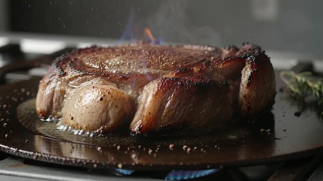 Searing thick bone-in ribeye releasing juices on griddle over gas flame with rosemary for browning
