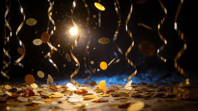 Dropping gold discs and curled ribbons, gravity pulling them onto reflective surface