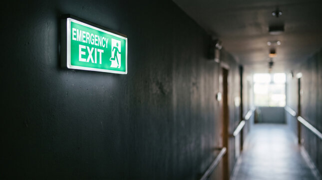 Illuminated green emergency exit sign glows brightly in dark building hallway, symbolizing safety and evacuation routes for buildings
