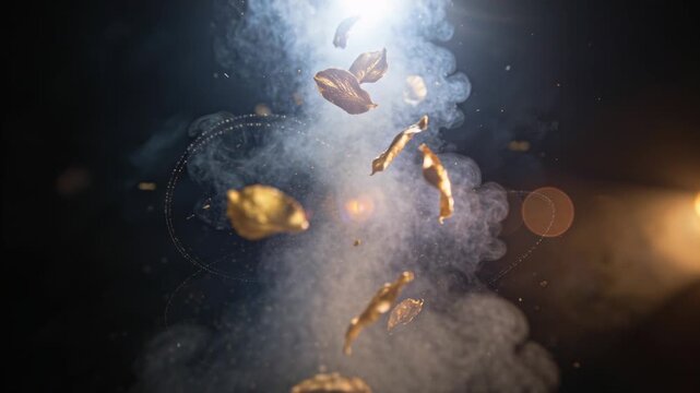 Rising smoke plume sending gold leaf petals drifting down in studio, amber bokeh and cool backlight