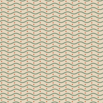 Sage wavy stripe and terracotta dot seamless pattern on oat beige