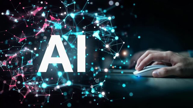 AI text displayed with futuristic network background hand using mouse