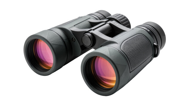 Dark gray rubberized binoculars with red-orange lenses, isolated on transparent background