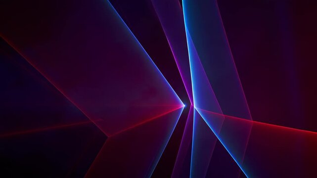 Blue, purple, and red beams move and change shape across a dark background, forming sharp geometric patterns that shift over time.