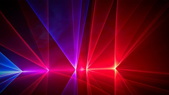 Blue, purple, and red beams move and change shape across a dark background, forming sharp geometric patterns that shift over time.