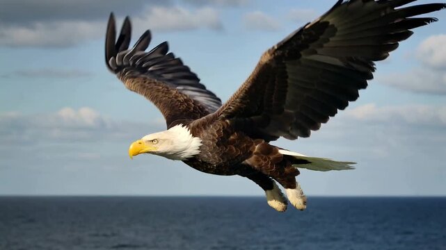 Bald Eagle Gliding Across Coastal Waters