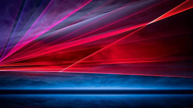 Blue, purple, and red beams move and change shape across a dark background, forming sharp geometric patterns that shift over time.