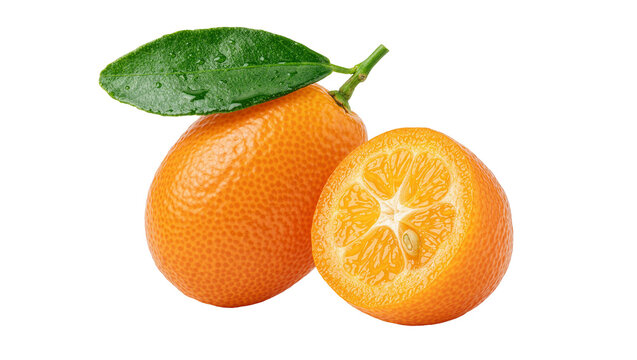 Whole and halved kumquat fruit with green leaf, isolated on transparent background