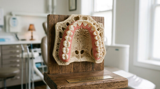 Dental Anatomy Model Upper Jaw Dentition on Wooden Stand in Dental Office
