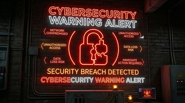 Cybersecurity Warning Alert Neon Sign Security Breach Detected Network Compromised Data Loss Risk