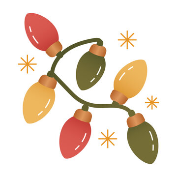 String Lights loop green cable between red and golden bulbs with starbursts nearby. Oval lamps and dark sockets suit Christmas cards and party decor.
