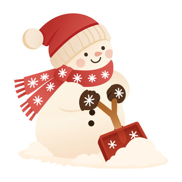 Snowman Shoveling holds a red scoop beside a mound of snow while wearing a Santa hat. A scarf and coal buttons suit winter chores cards and posters.