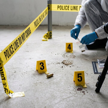 Crime Scene Investigation Forensics collecting evidence police tape markers on concrete floor