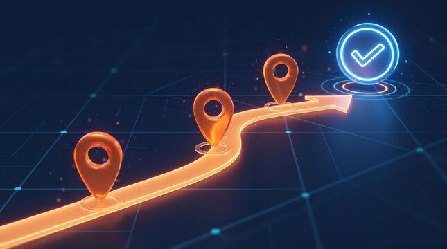 Glowing orange route line with location pin icons moving toward glowing blue checkmark icon, symbolizing business strategy roadmap and goal achievement