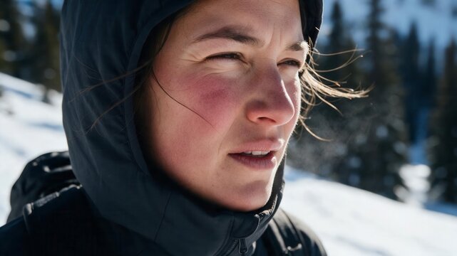 Closeup portrait of a smiling woman in a black hood outdoors during a cold winter day.