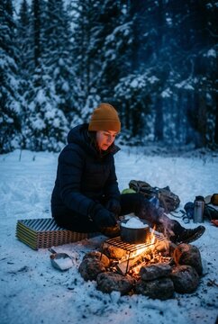 Person sitting beside a campfire in a snowy forest at night for cozy winter travel editorial.