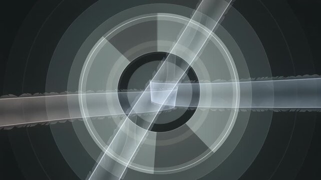 Rotating from ribbon curve, 3 translucent bands and concentric rings circling hub, forming X-cross