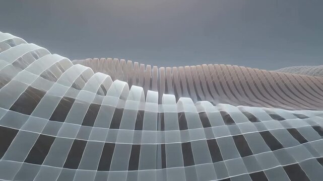 Waving sheer slats forming waves in studio after animation start, camera moving, showing texture