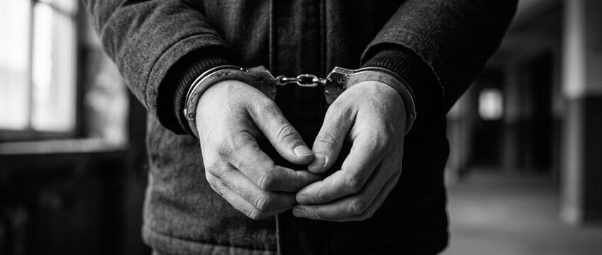 Close up of a persons hands in handcuffs conveying arrest crime and justice themes in black and white