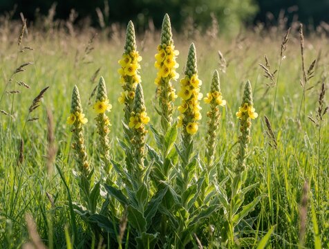 Yellow mullein flowers bloom on tall green spikes in summer meadow. Wildflower plants grow in grass field under sunlight. Medicinal herb verbascum tanaman features bright blossoms, soft leaves.