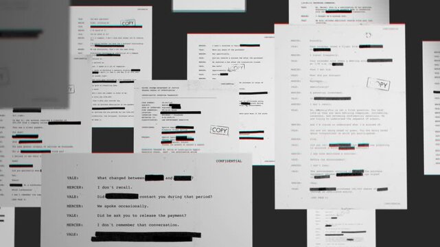 Various secret-looking documents appear in glitchy transition on gray background. Censored text on investigation transcript and reports by government agency or police. Exposed or leaked files