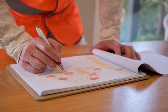Engineer wearing safety vest writing on documents or checklists safety check at work desk. Concept of construction planning, project management, engineering analysis and professional workflow.
