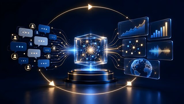 Futuristic Artificial Intelligence Data Processing System Visualizing Natural Language Communication Chat Bubbles and Global Analytics Dashboard for Business Intelligence and Networking