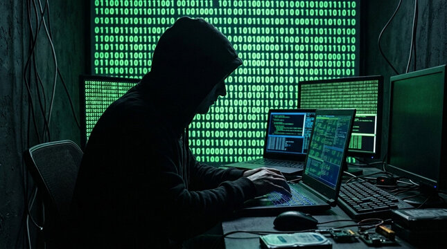 Anonymous hacker in dark room surrounded by glowing computer screens with code