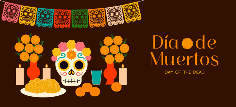 Day of the Dead, Dia de Muertos altar with sugar skull, pan de muerto buns, water, marigolds, candles, papel picado illustration. Mexican festival decorations, design elements. Hand drawn vector
