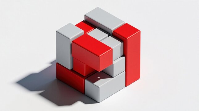 3D isometric illustration of red, grey puzzle cube. Abstract geometric blocks form complex structure. Conceptual design shows logic, problem solving, teamwork. Minimalist composition with sharp