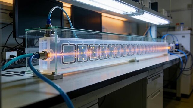 Powering plasma tube showing moving purple nodes across electrode array on lab bench with blue hose