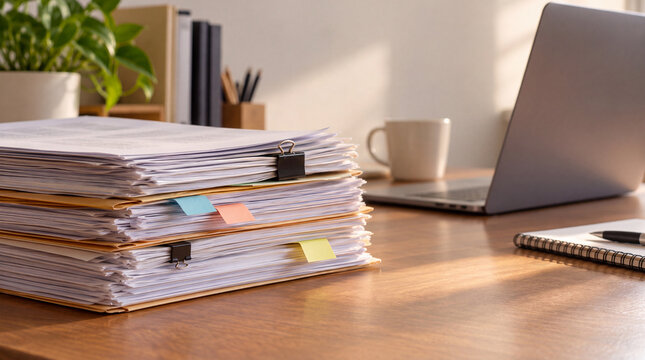 Stacked office paperwork with binder clips and colored tabs
