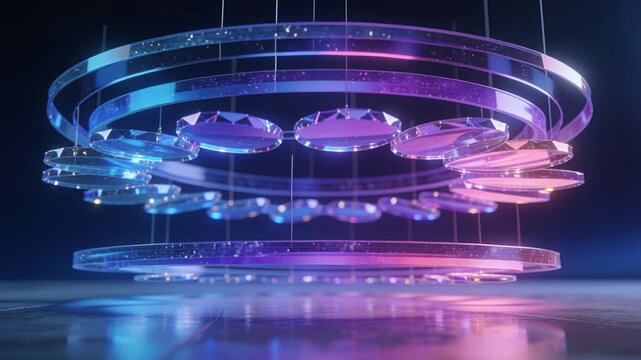 Pulsing light making 3 glass rings discs rotating and settling in studio marble floor cyan-magenta