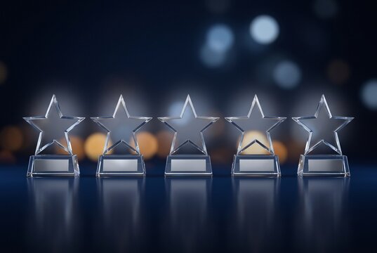 Cinq troph&eacute;es &eacute;toiles en cristal align&eacute;s avec plaques vierges sur fond bleu bokeh, note cinq &eacute;toiles, r&eacute;compense, excellence et satisfaction client