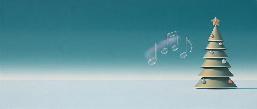 Minimal christmas scene with a layered cone tree and gold star on snowy mound, frosted white notes drifting over a teal gradient, airy vector banner copy space