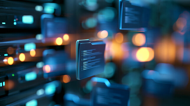 Futuristic digital document management system organizing files in a high-tech data cabinet, automated information retrieval using AI to search through a massive database, smart