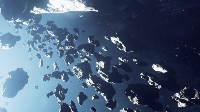 Many asteroids floating in space. The asteroids vary in size and shape. Bright stars twinkle in the black sky. This takes place in an area of space far from any planets.