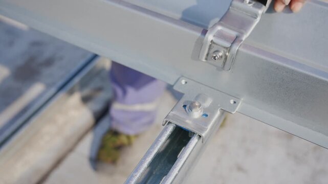 worker using electric tool to install metal bracket