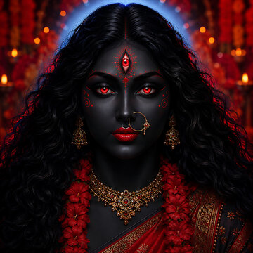 Intense dark goddess displaying glowing red eyes for kali puja with beautiful floral jewelry in a moody atmospheric setting honoring diwali rituals